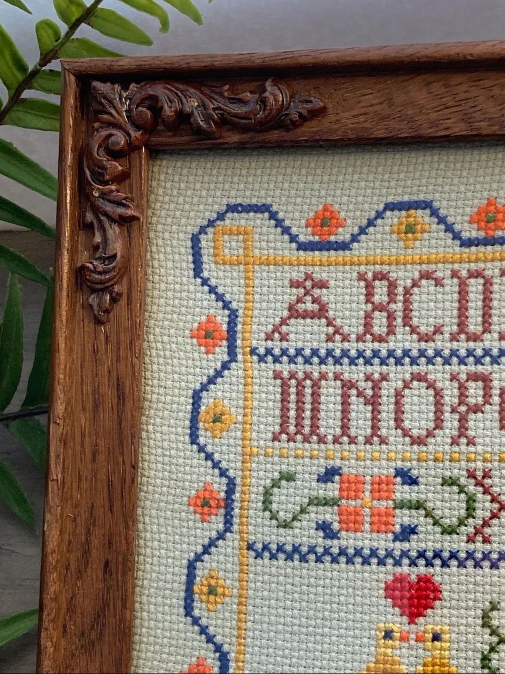 Vintage Framed Cross Stitch Sampler With Alphabet Flowers Birds And Couple